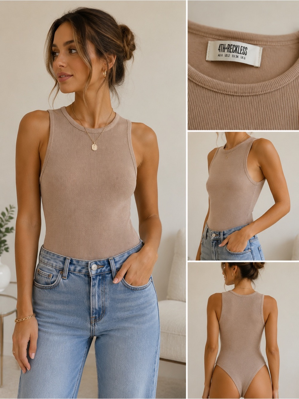 4th & Reckless Taupe Ribbed Crewneck Bodysuit